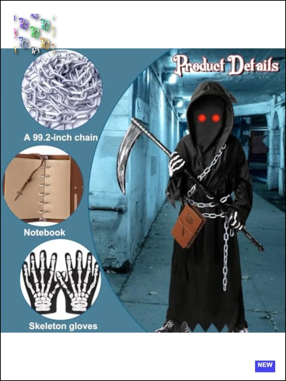 Kids Grim Reaper Costume 7 Piece Set Scary Halloween Boys Cosplay
